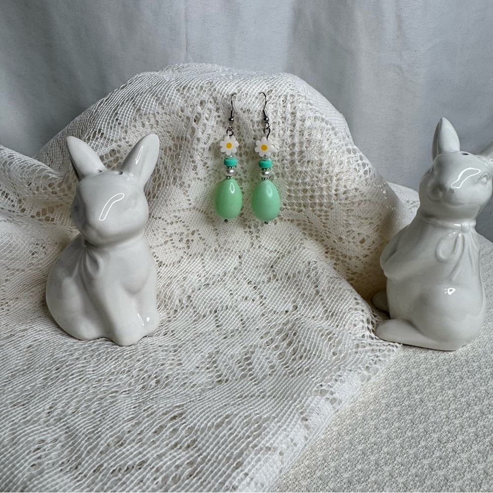 Handmade Mint Green Easter Egg Daisy Dangle Earrings 2.5” | Spring Jewelry - Picture 6 of 7